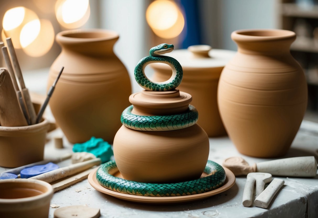 A table with clay jars, one in the shape of a coiled snake, surrounded by sculpting tools and colorful clay