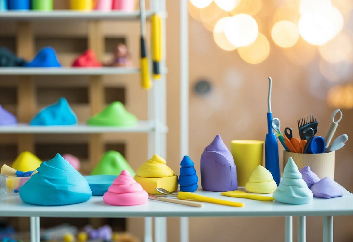A table with various colors of modelling clay, sculpting tools, and finished clay crafts displayed on a shelf