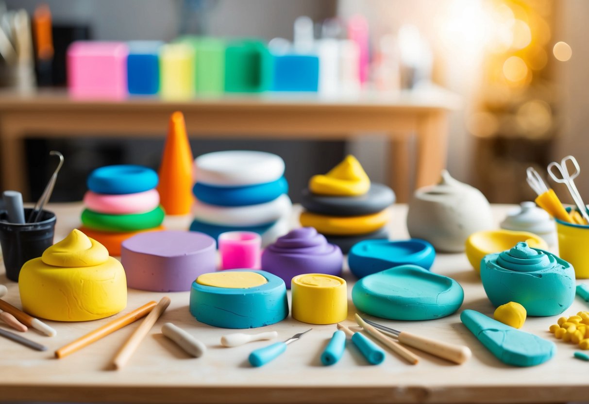 A table with various colors of modelling clay, sculpting tools, and finished clay crafts displayed