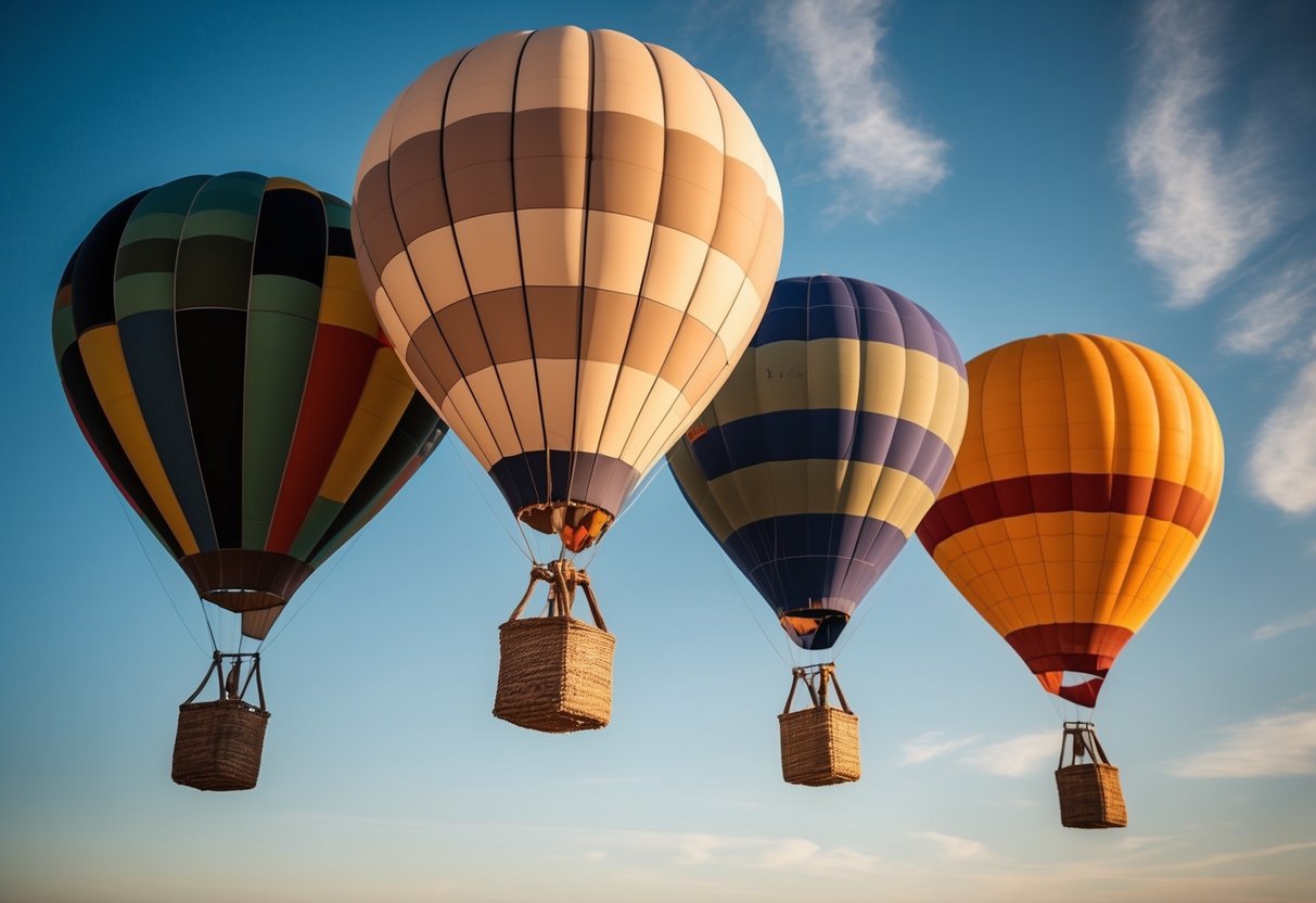 Five hot air balloons made from recycled materials, suspended from baskets