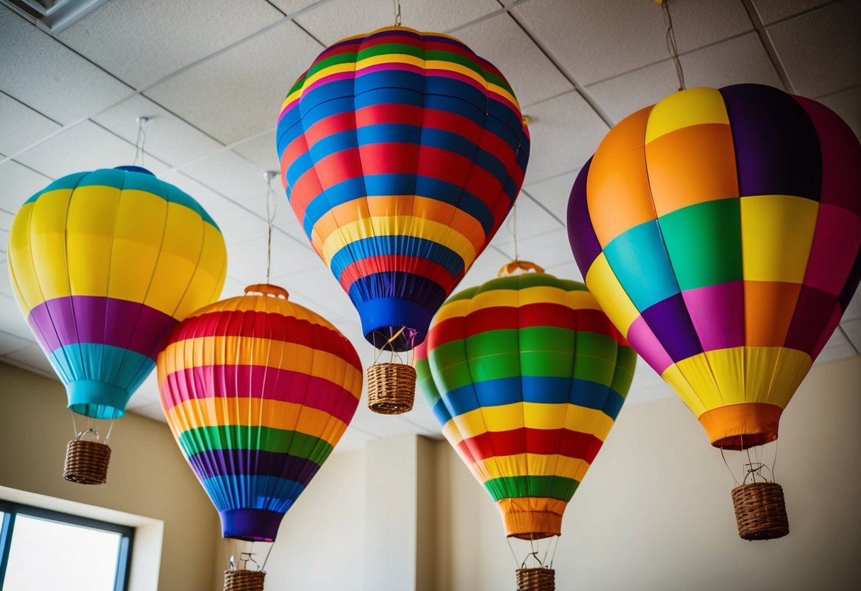 Five hot air balloons, each wrapped in vibrant cardstock, hang from the ceiling, creating a festive and whimsical atmosphere