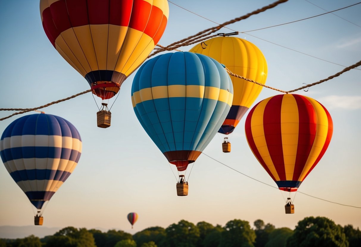 Five hot air balloons hang from twine, attached with glue guns