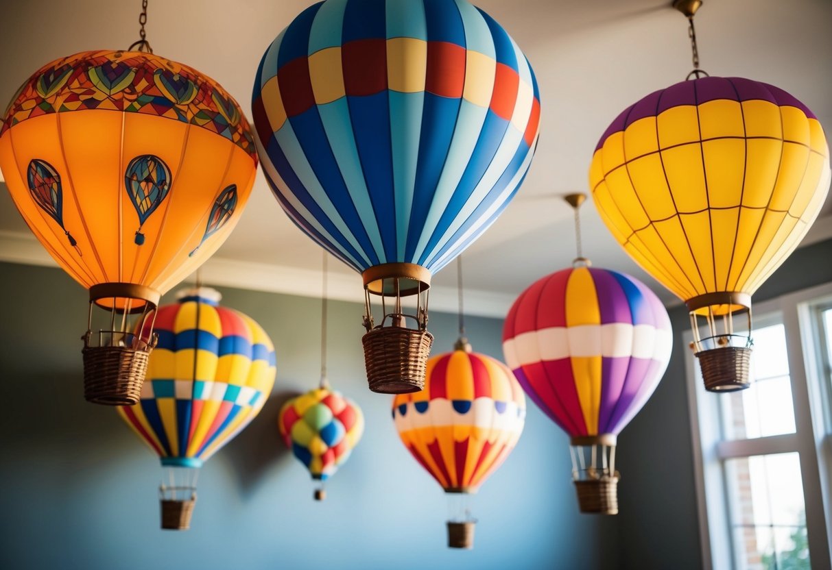 Five colorful hot air balloon decorations hang from the ceiling, each with intricate designs and patterns. The room is filled with an atmosphere of whimsy and adventure