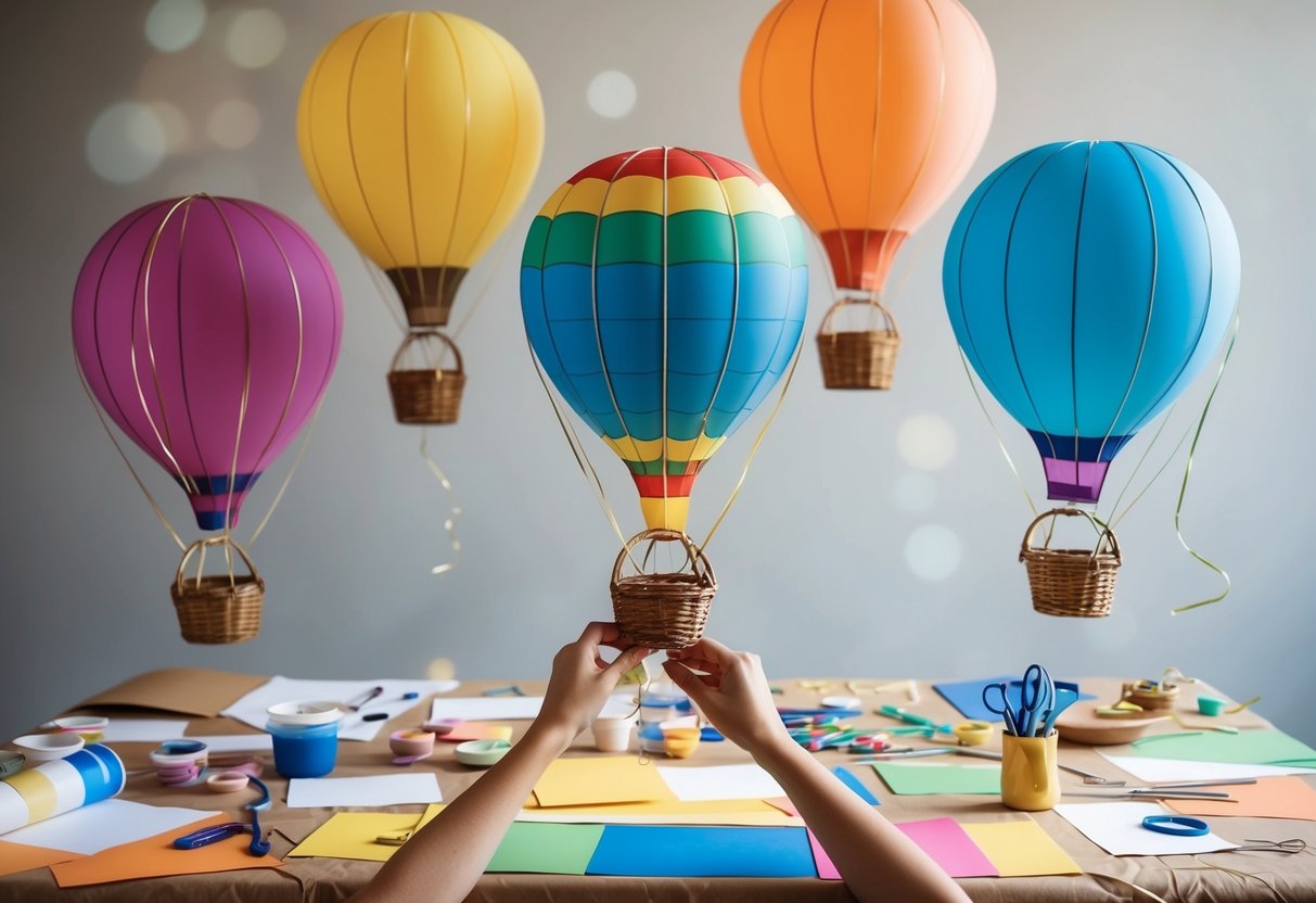 Five colorful hot air balloons floating above a table covered in craft supplies like paper, paint, and scissors. A pair of hands is creating a balloon with string and a basket