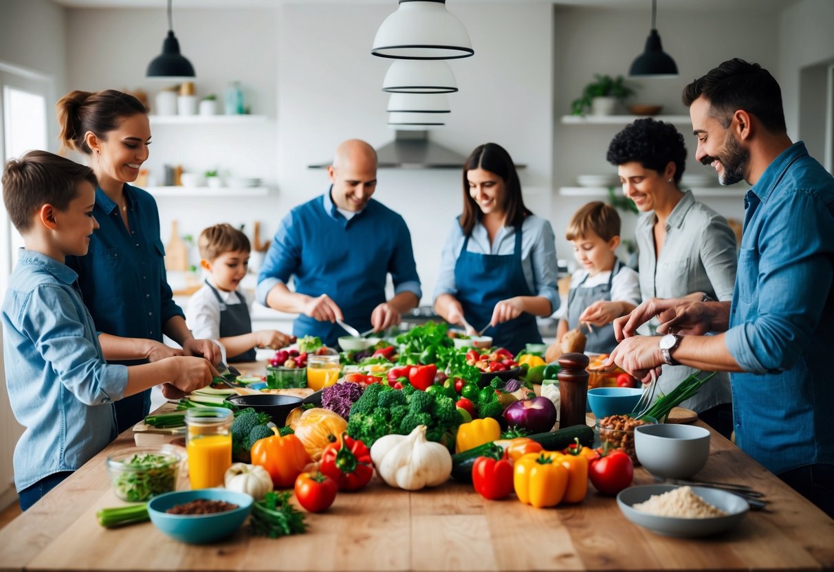 A table set with a variety of colorful, wholesome ingredients and cooking utensils, with a family gathered around preparing a meal together