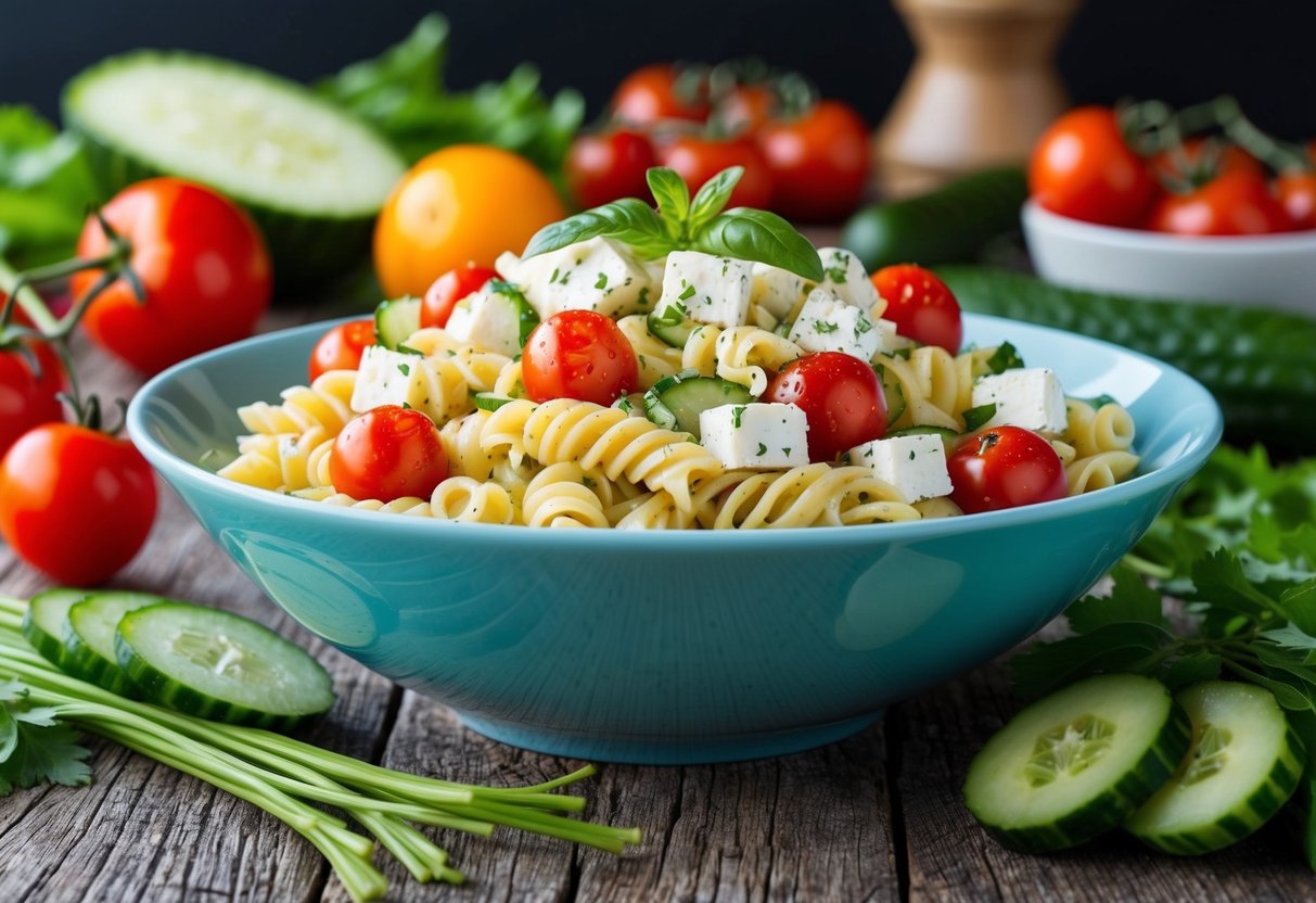A vibrant bowl of Greek pasta salad with feta, cherry tomatoes, and cucumber, surrounded by fresh ingredients