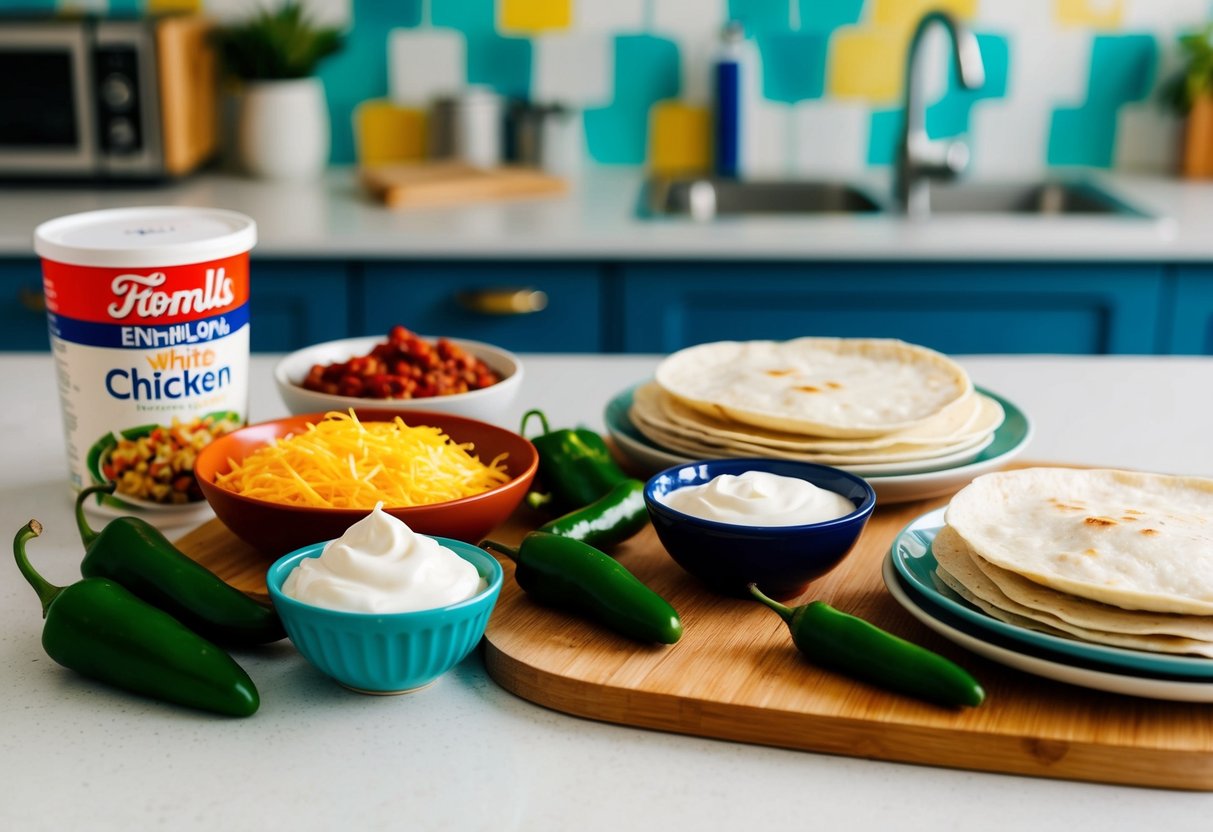 A colorful kitchen counter with ingredients for white chicken enchiladas: chicken, tortillas, cheese, sour cream, and green chilies
