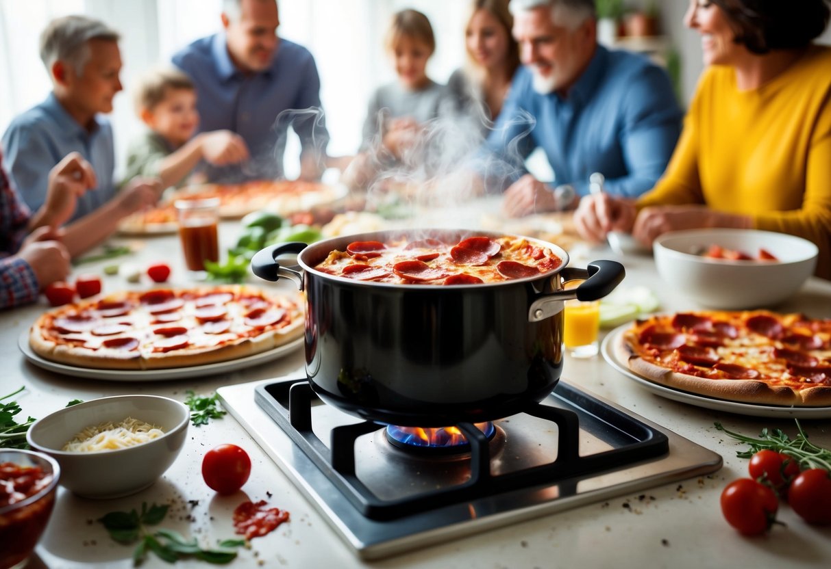 A steaming pot of pepperoni pizza pasta bubbling on the stove, surrounded by scattered ingredients and a family gathering around the table