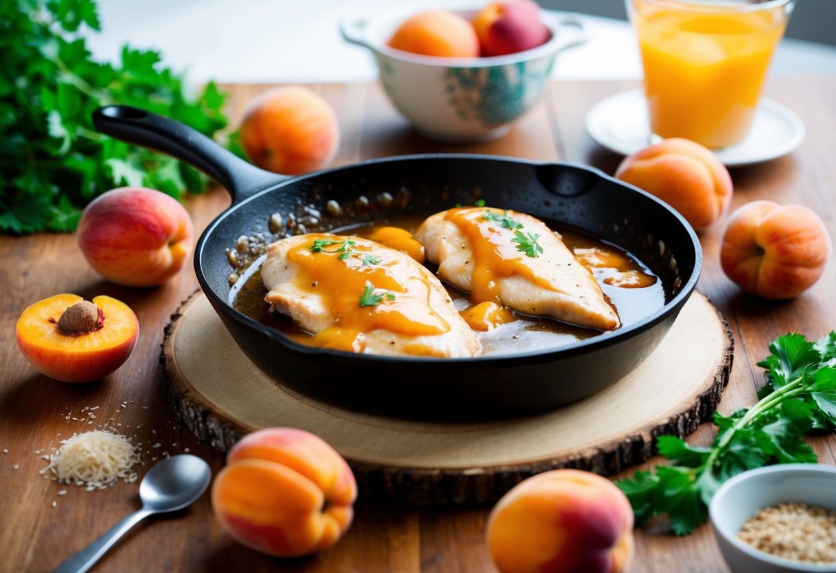 A skillet with chicken breasts simmering in a sweet apricot glaze, surrounded by fresh apricots and a few simple ingredients