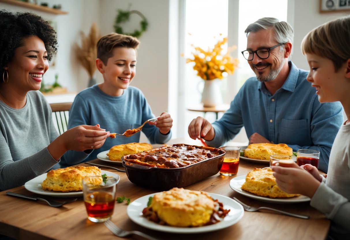 A family sitting around a table, enjoying a hearty BBQ turkey biscuit casserole. The table is set with simple, budget-friendly ingredients and the atmosphere is warm and inviting