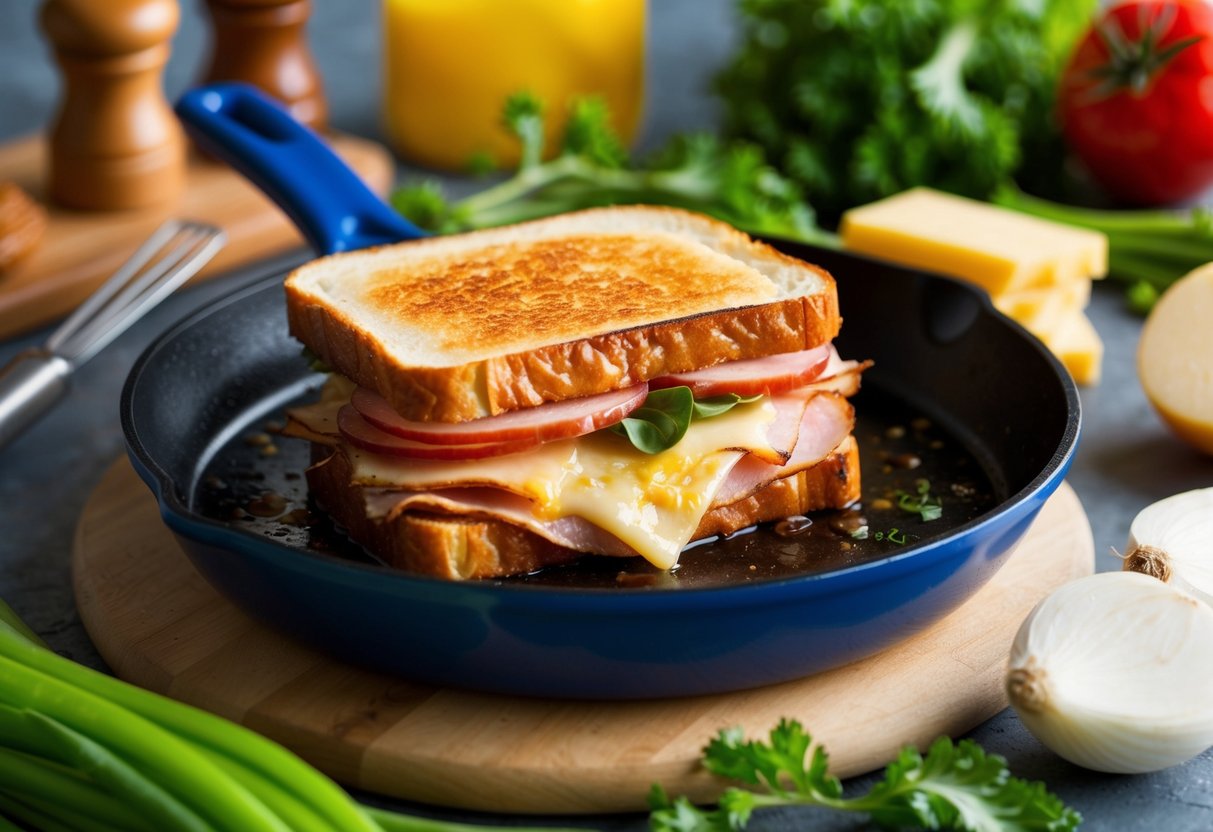 A golden, crispy ham and Gruyere melt sandwich sizzling on a hot skillet, surrounded by fresh ingredients and kitchen utensils