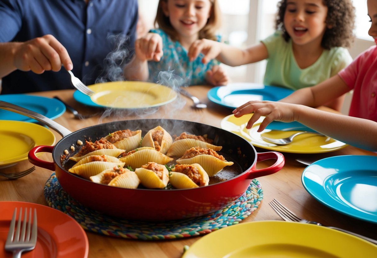 A table set with a steaming pan of classic stuffed shells, surrounded by colorful plates and a family eagerly reaching for the delicious meal