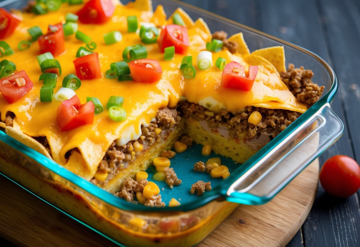A colorful casserole dish filled with layers of ground turkey, corn tortillas, melted cheese, and topped with diced tomatoes and green onions