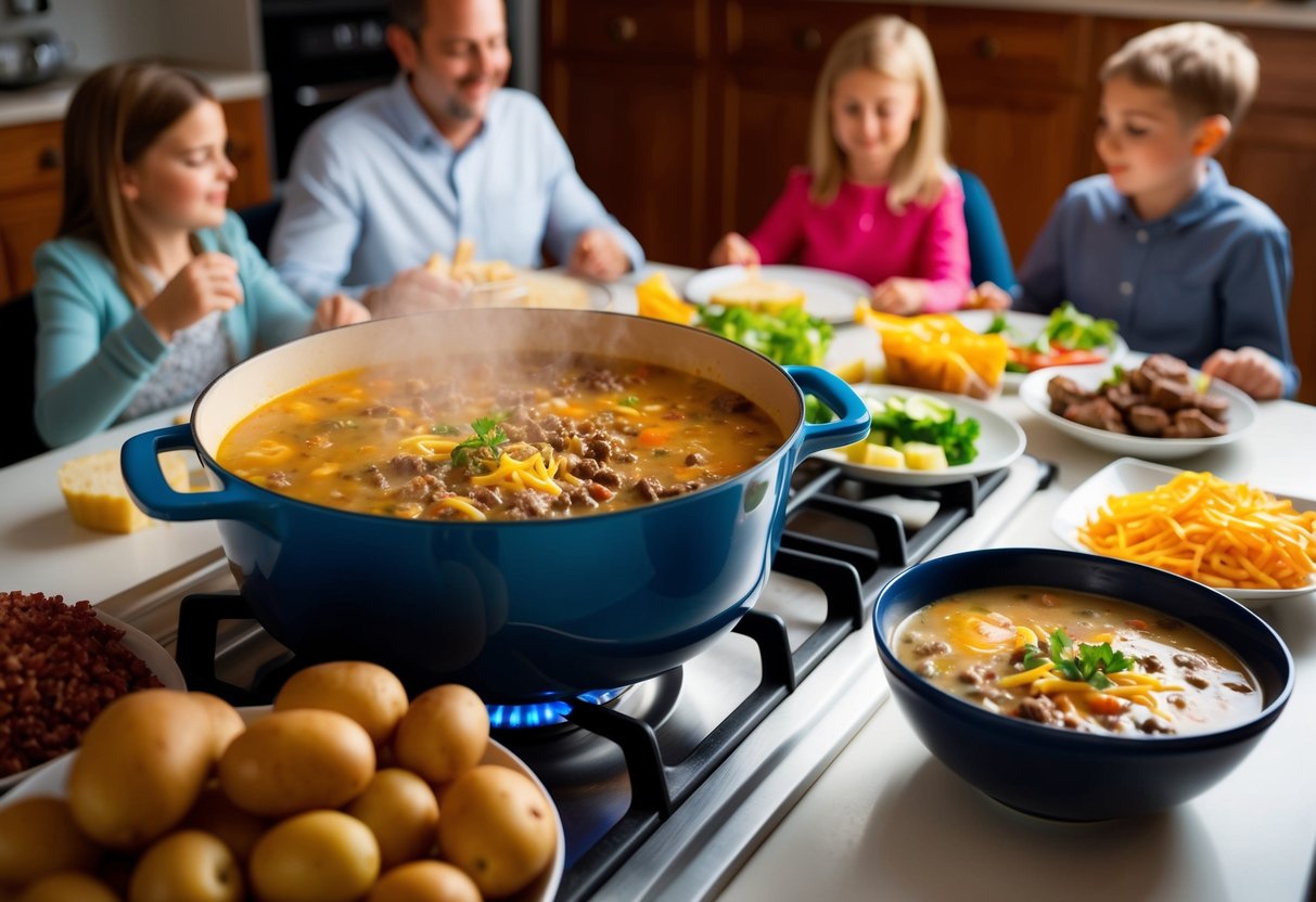 A pot of cheeseburger soup simmering on the stove, surrounded by ingredients like ground beef, cheese, potatoes, and vegetables. A family sits around the table eagerly awaiting dinner