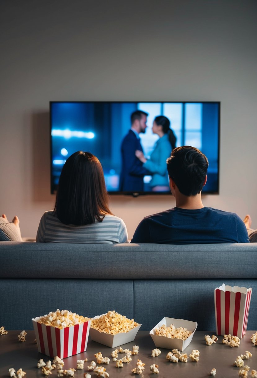 A couple sitting on a couch, surrounded by scattered popcorn and empty takeout containers, staring at a TV screen showing a dramatic breakup scene