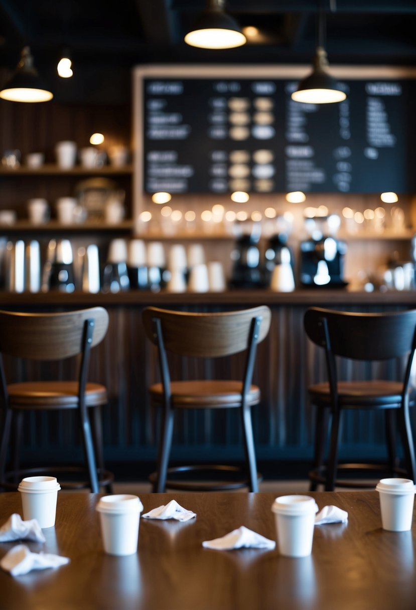 A cozy coffee shop with three empty chairs, each facing a different direction, surrounded by scattered coffee cups and crumpled napkins