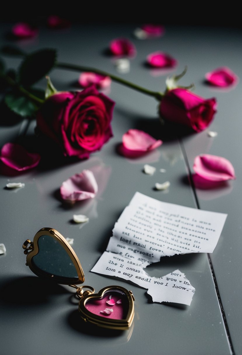 A dimly lit room with scattered rose petals and a torn love letter. A shattered heart-shaped locket lies on the floor