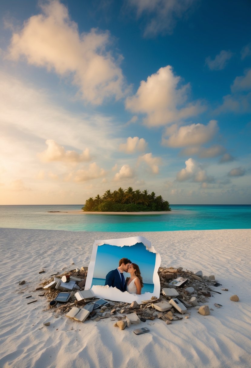 A deserted island with a torn photo of Jack and Kate, surrounded by remnants of their failed love story