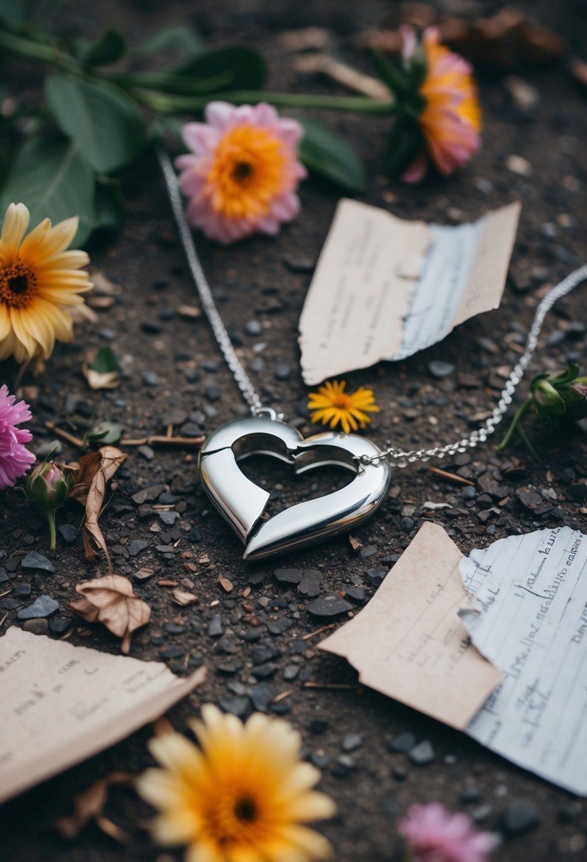 A broken heart-shaped necklace lies shattered on the ground, surrounded by wilted flowers and torn love letters