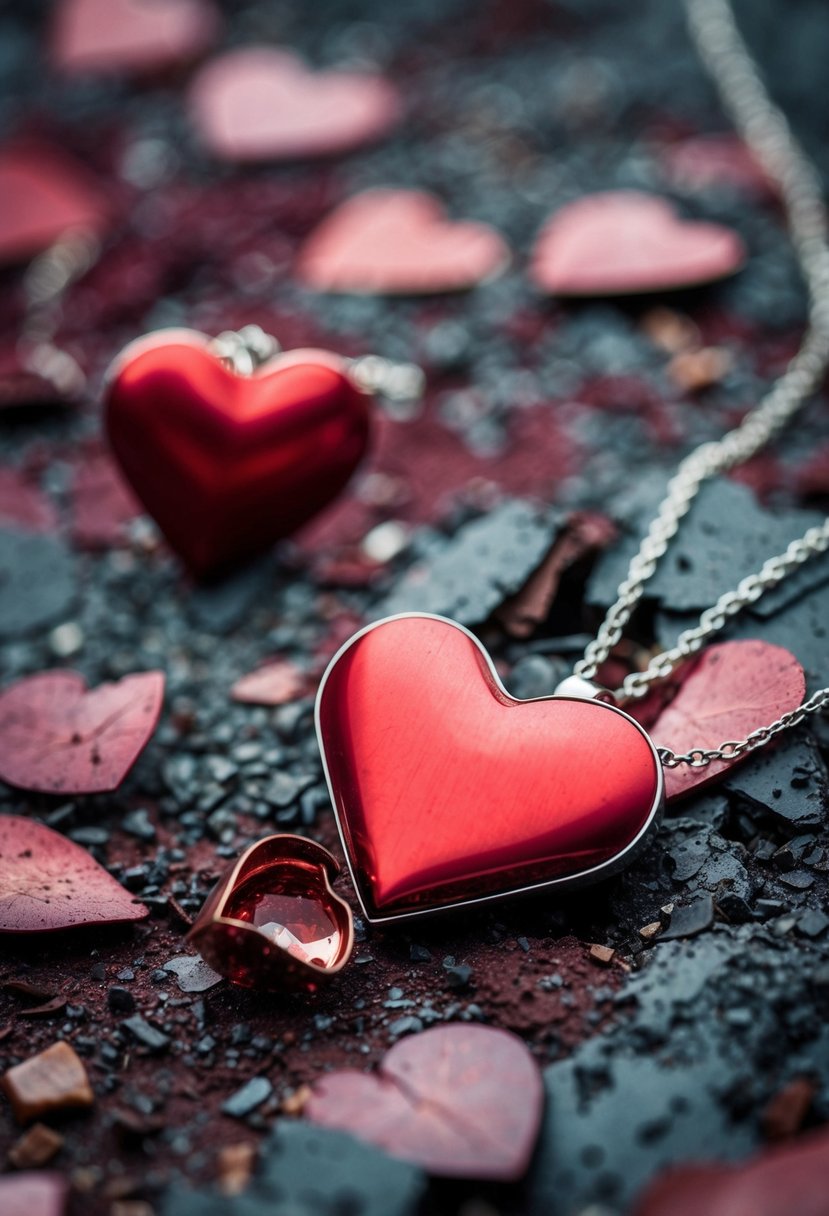 A broken heart-shaped necklace lies shattered on a bloodied battlefield, surrounded by the remnants of once-promising love stories