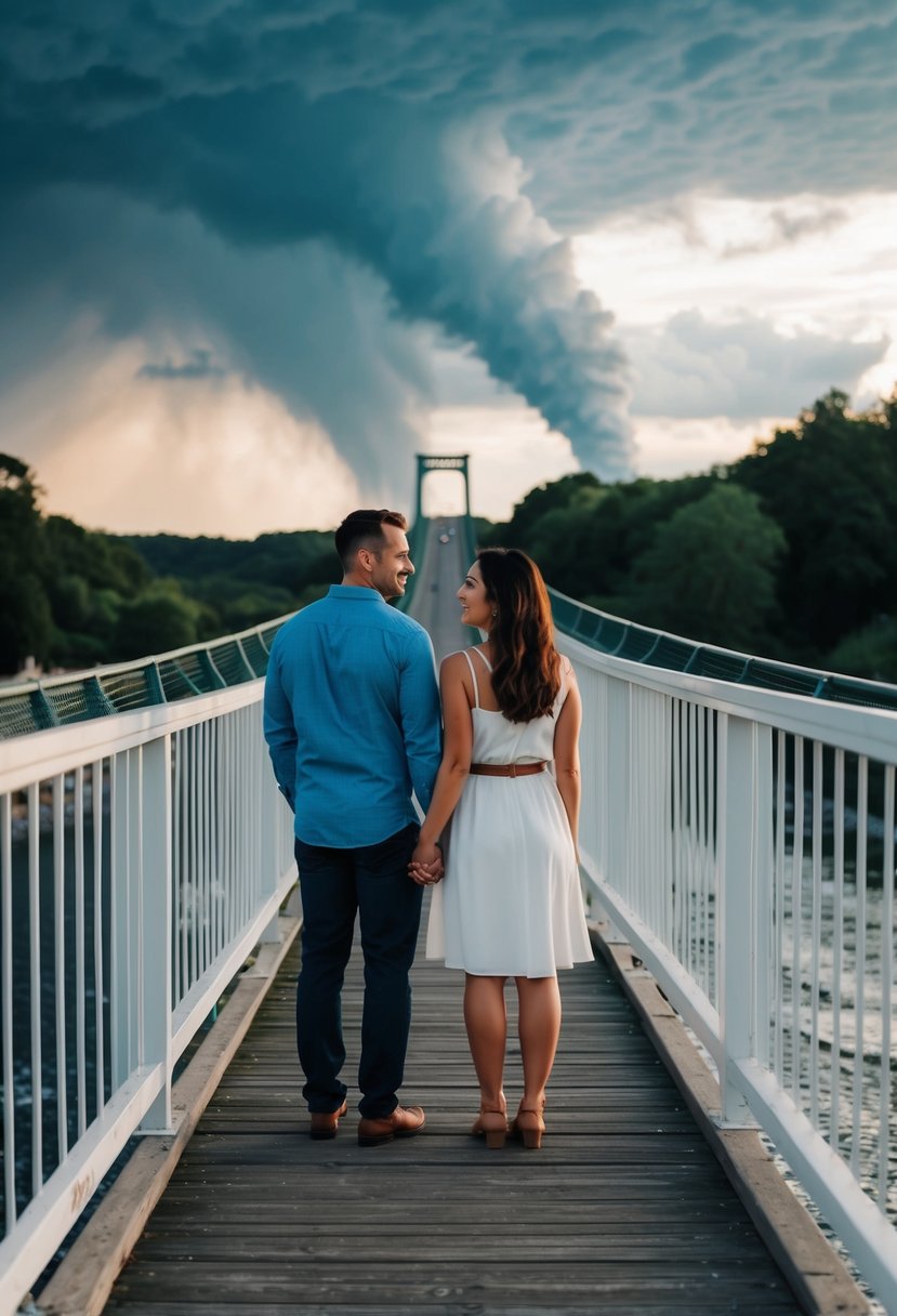 A couple standing on a bridge, surrounded by beautiful scenery, but with a storm brewing overhead, symbolizing the potential pitfalls in their relationship