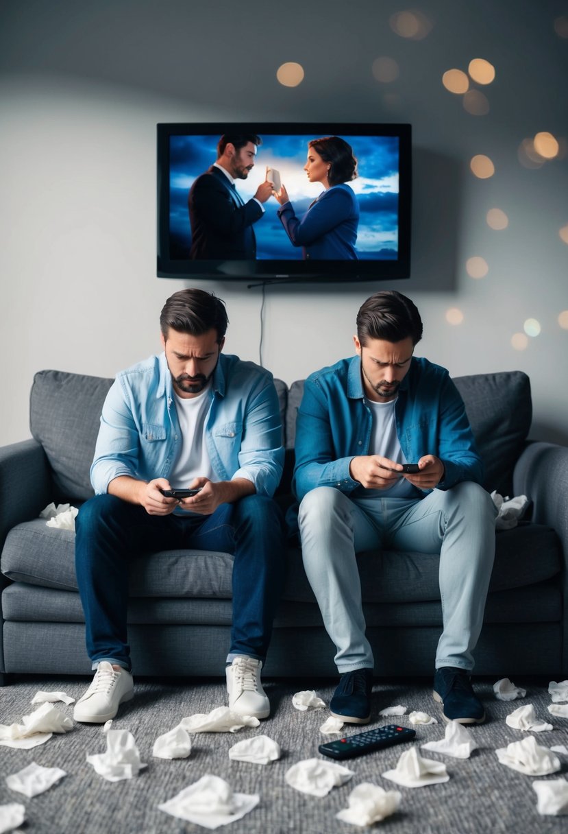 A couple sits on a couch, surrounded by scattered tissues and a remote control. The TV screen displays a dramatic scene, while the couple looks disappointed and disinterested