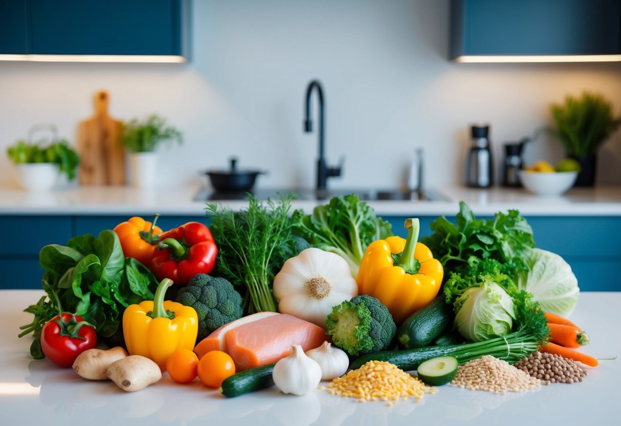 A colorful array of fresh ingredients, including vibrant vegetables, lean proteins, and whole grains, arranged on a clean, modern kitchen counter