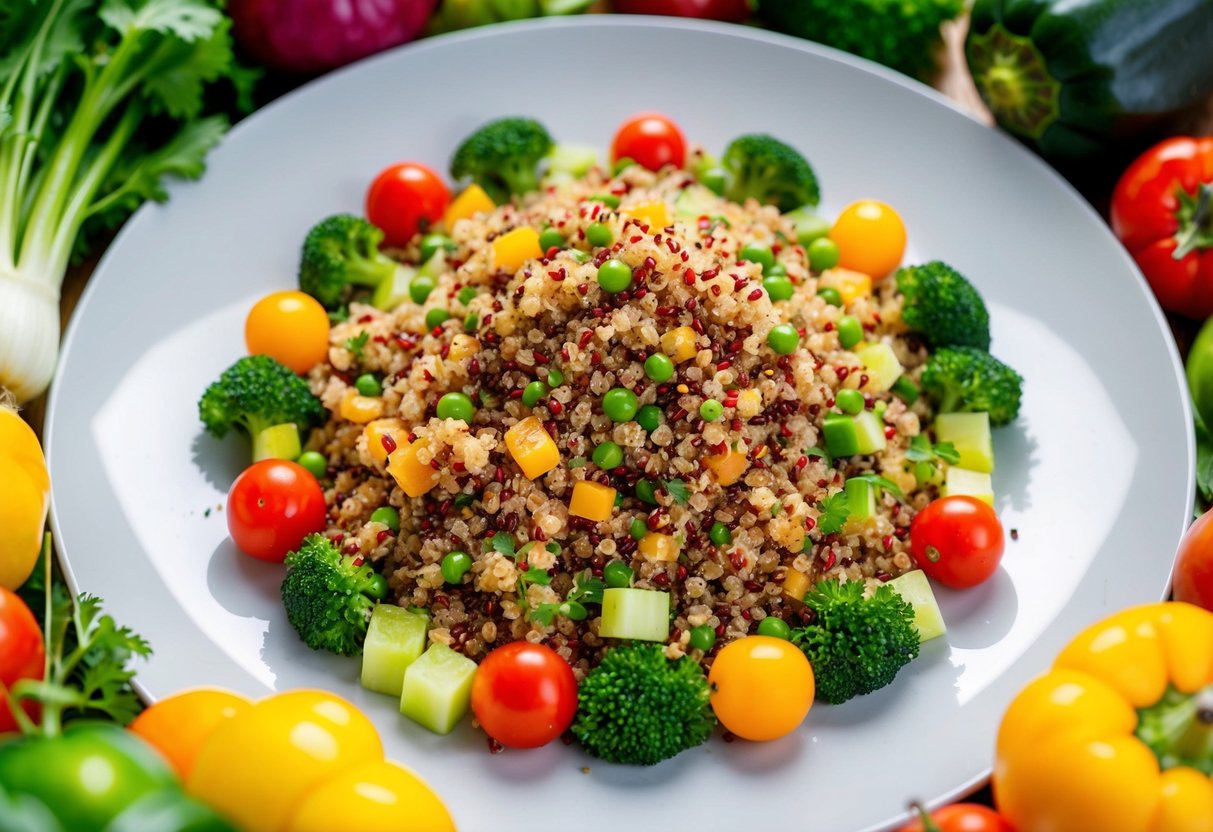 A colorful quinoa salad surrounded by an assortment of fresh vegetables, with vibrant greens, reds, and yellows, all arranged on a clean, modern plate