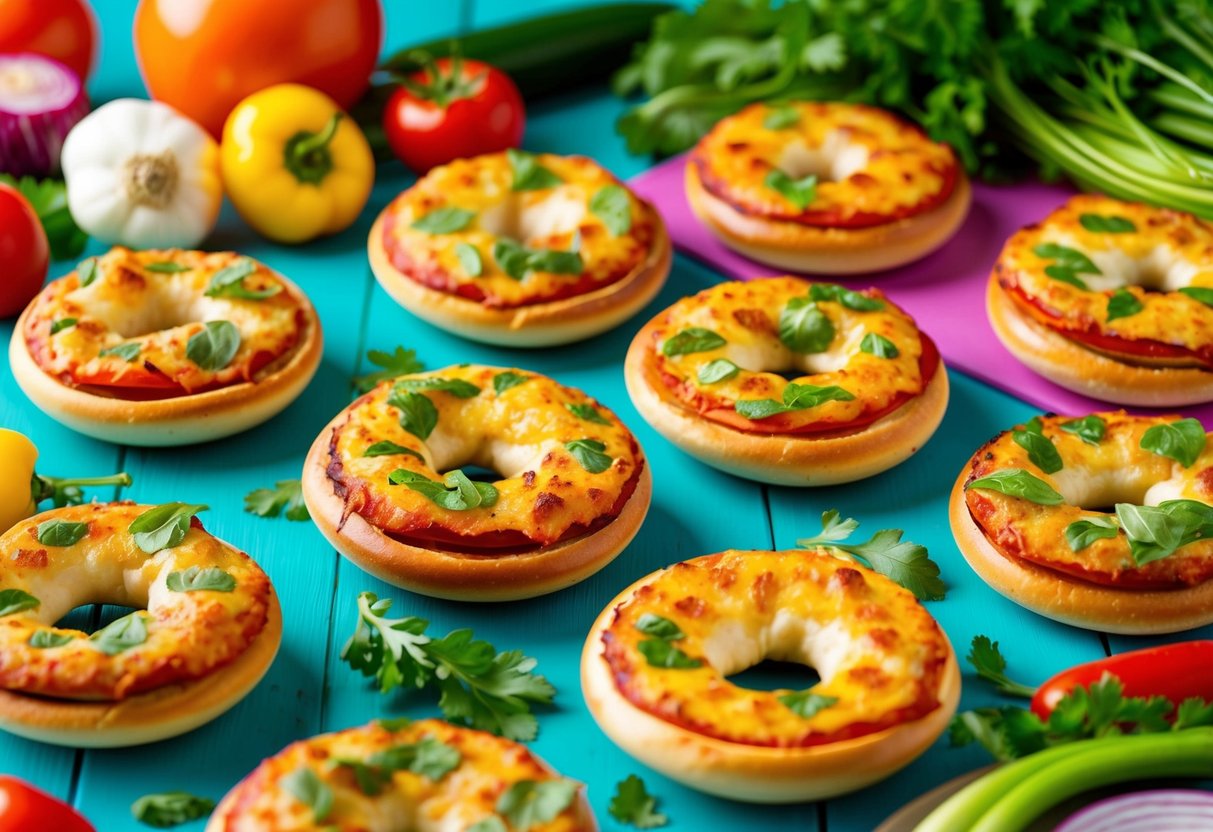 A colorful array of mini pizza bagels surrounded by fresh vegetables and herbs on a vibrant table setting