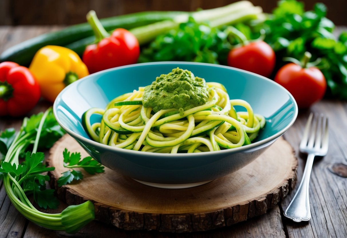 A bowl of zucchini noodles topped with vibrant green pesto, surrounded by colorful vegetables and herbs on a rustic wooden table