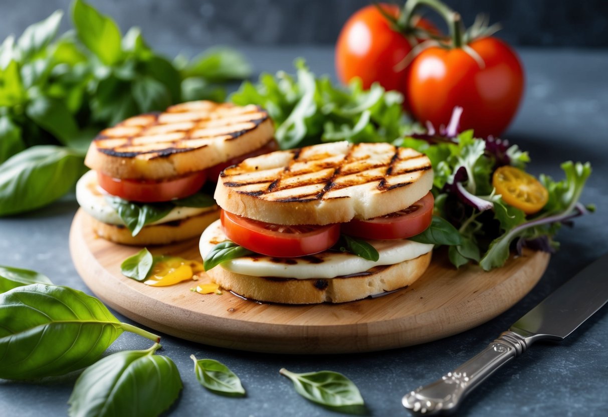 A sizzling grilled mozzarella and tomato sandwich surrounded by fresh basil leaves and a side of colorful mixed greens