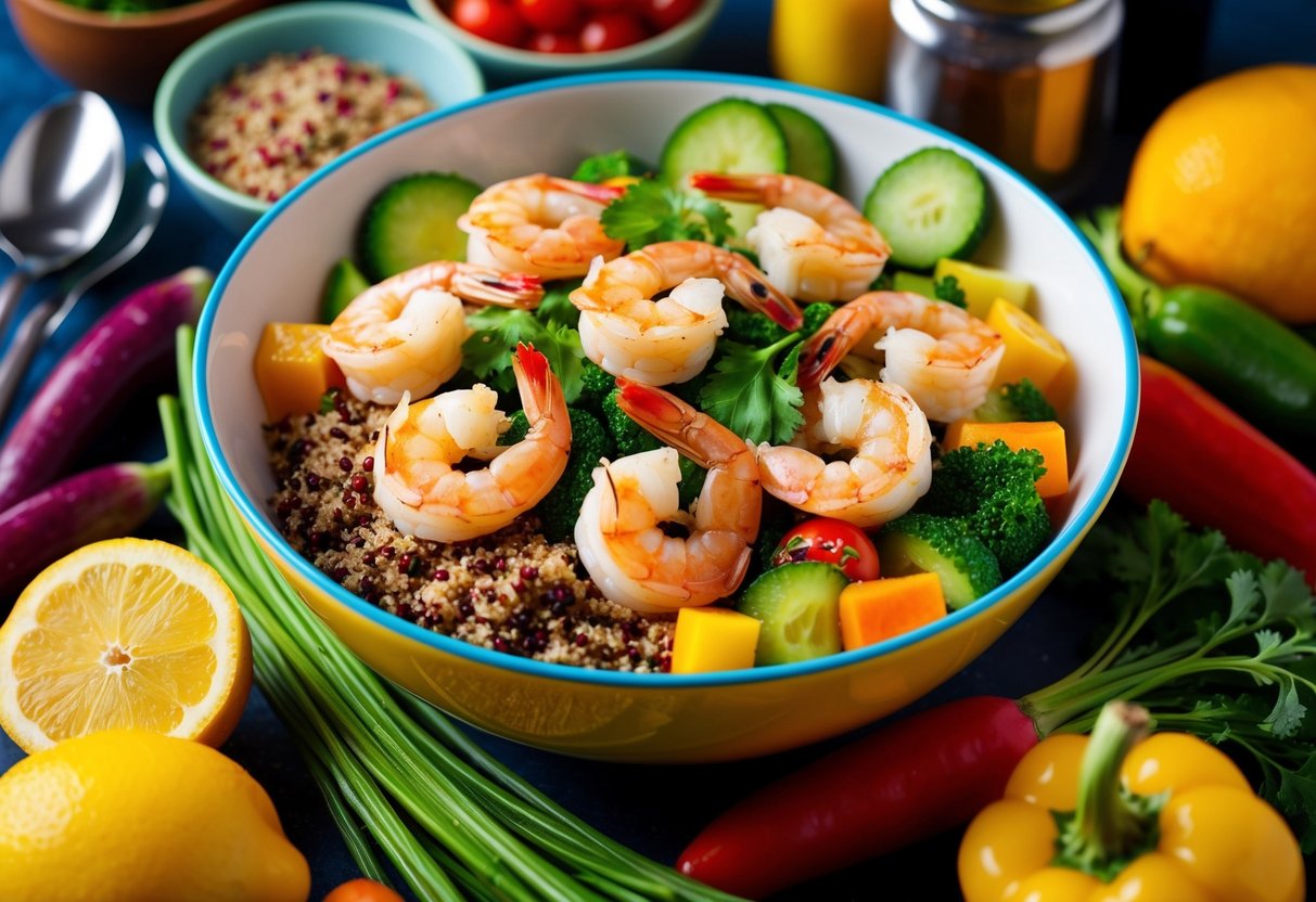 A colorful bowl filled with honey-garlic shrimp, quinoa, and fresh vegetables, surrounded by vibrant ingredients and cooking utensils