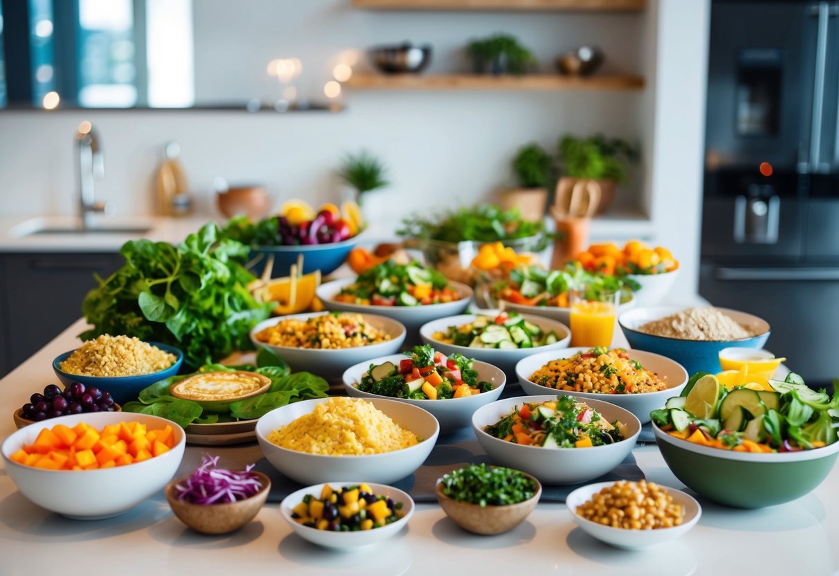 A colorful array of fresh ingredients and prepared dishes, such as salads, wraps, and grain bowls, arranged on a clean, modern kitchen counter