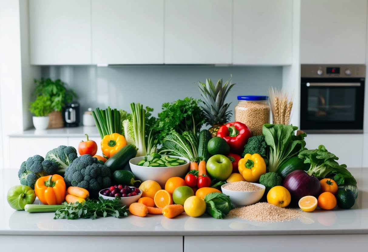 A colorful array of fresh vegetables, fruits, and whole grains arranged on a clean, modern kitchen counter. A variety of healthy ingredients are displayed, ready to be used in quick lunch recipes